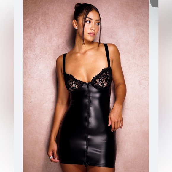 Sexy Lace + Leather dress with front full zip - Picture 1 of 6